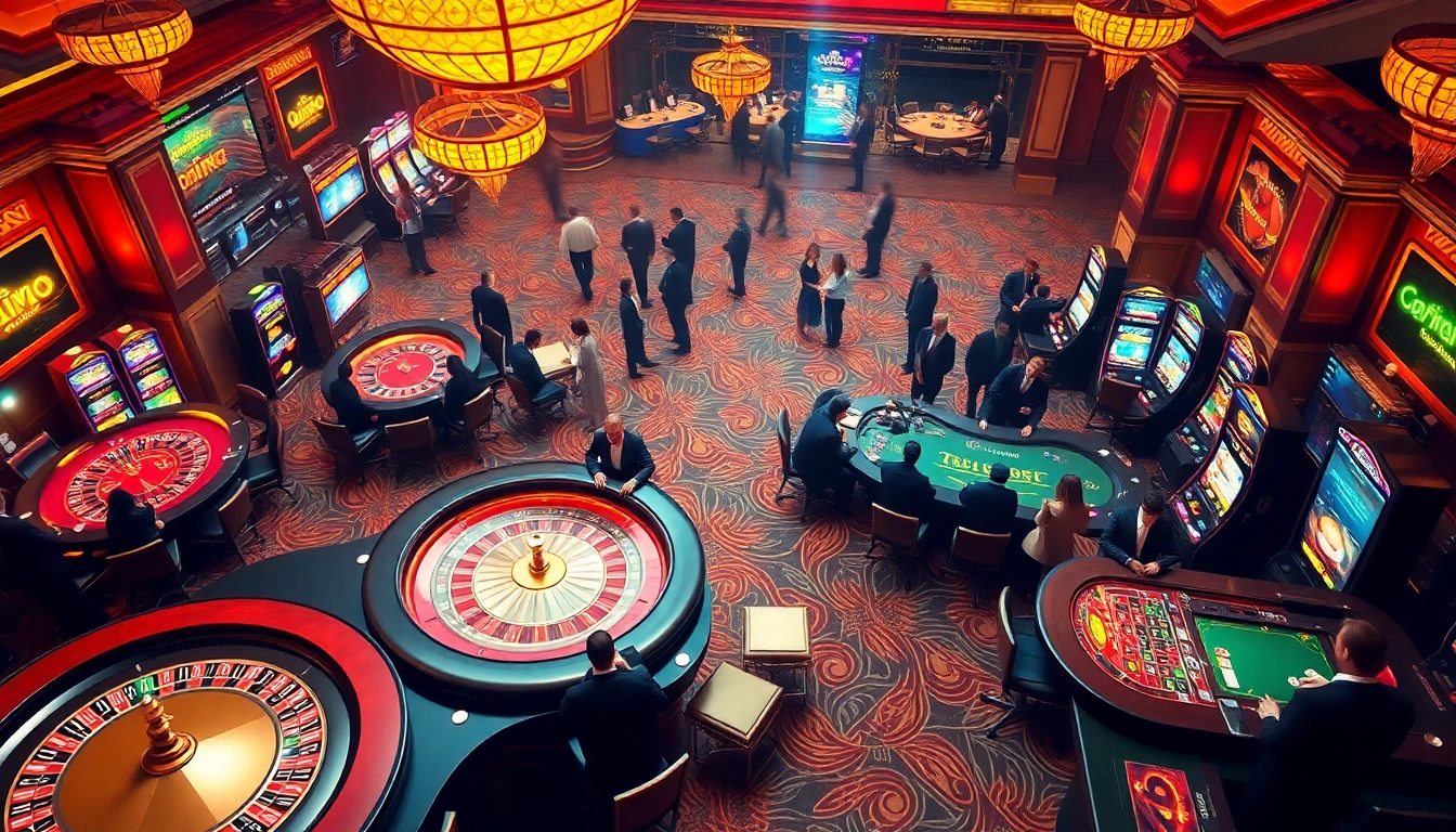 Experience the excitement of gambling at trang chủ go8 with players engaging in poker and roulette in a luxurious casino setting.