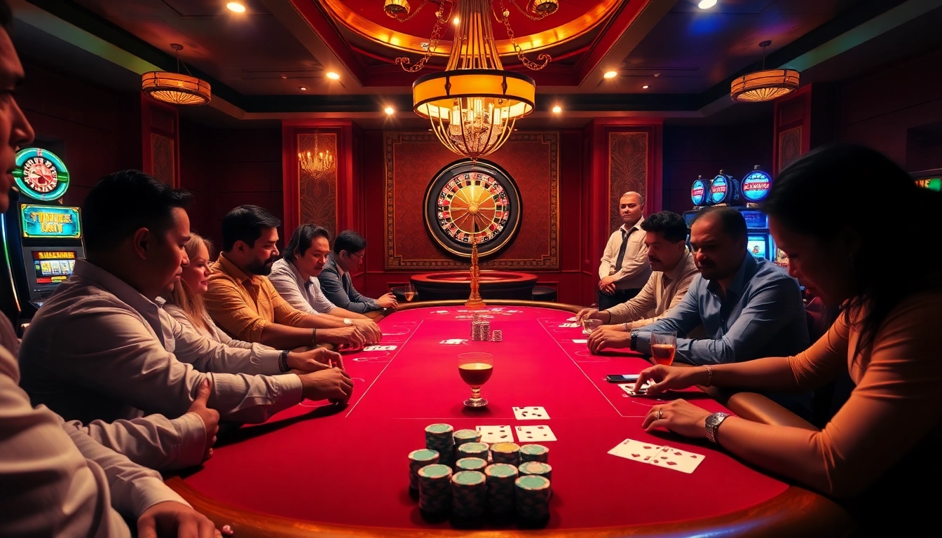 Players at a casino table showcasing an exciting game of poker, capturing the thrilling atmosphere with colorful chips and a J88 branded cap.