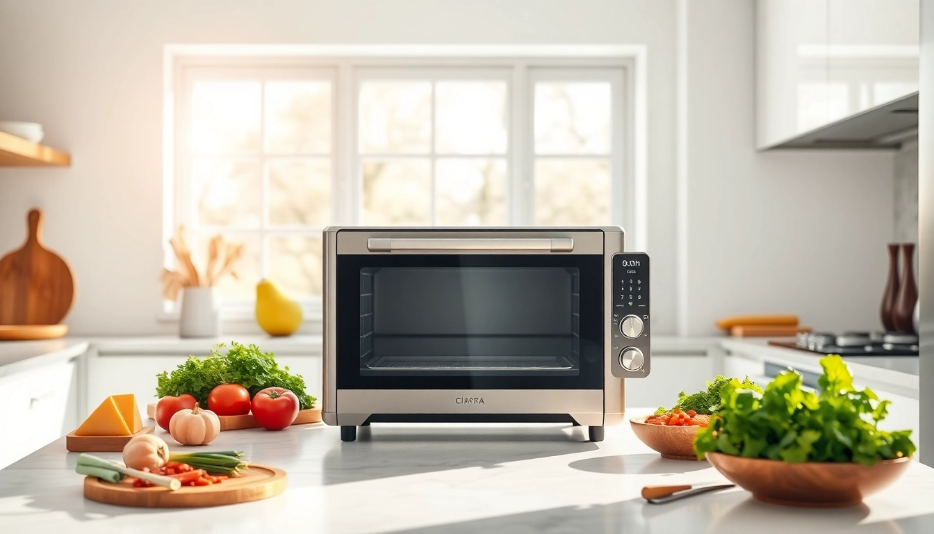 Ciarra Nosh Oven showcased in a bright kitchen, featuring its sleek design and multifunctionality for healthy cooking.