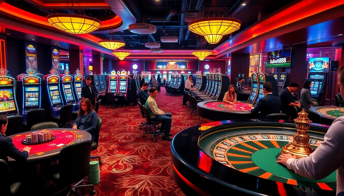 Experience the excitement of babeh188 with vibrant gamblers at poker tables in a luxurious casino setting.