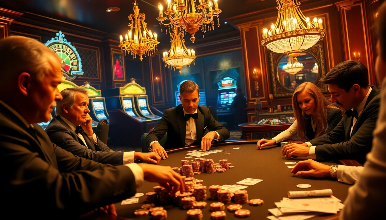 Engaging scene of players at a poker table in a luxurious casino showcasing the bet vip experience.