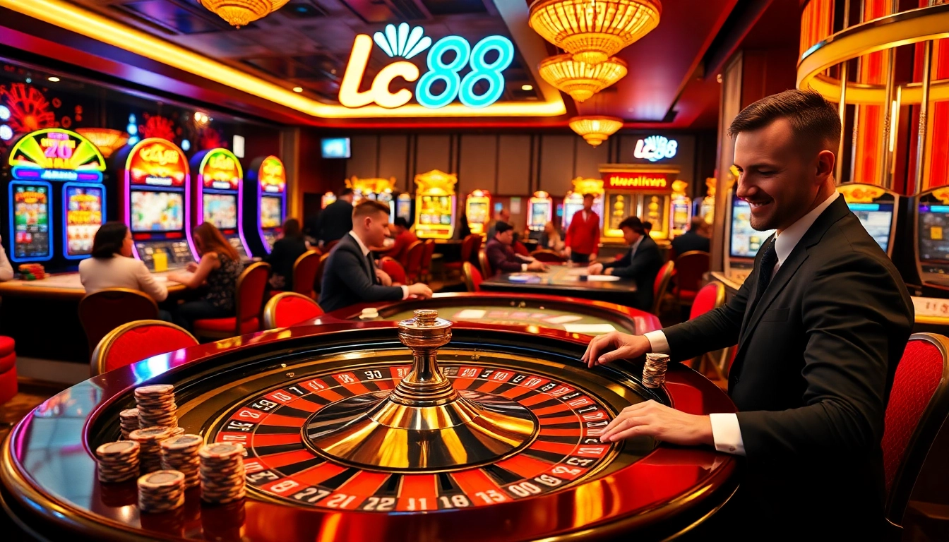 Experience the thrill of lc88 gaming as players enjoy a lively casino atmosphere with vibrant roulette and slot machines.