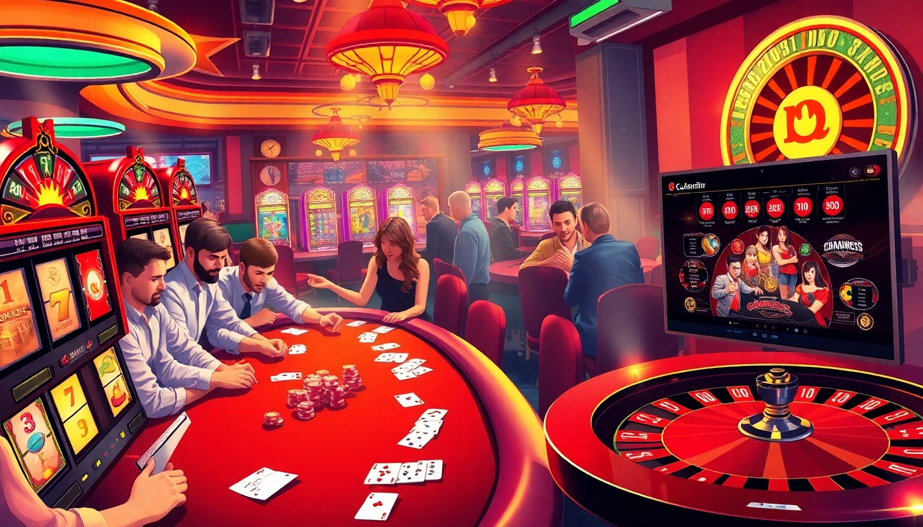 Dynamic casino scene with players and the digital interface of https://cakhiatv.uno showcasing exciting gambling activities.