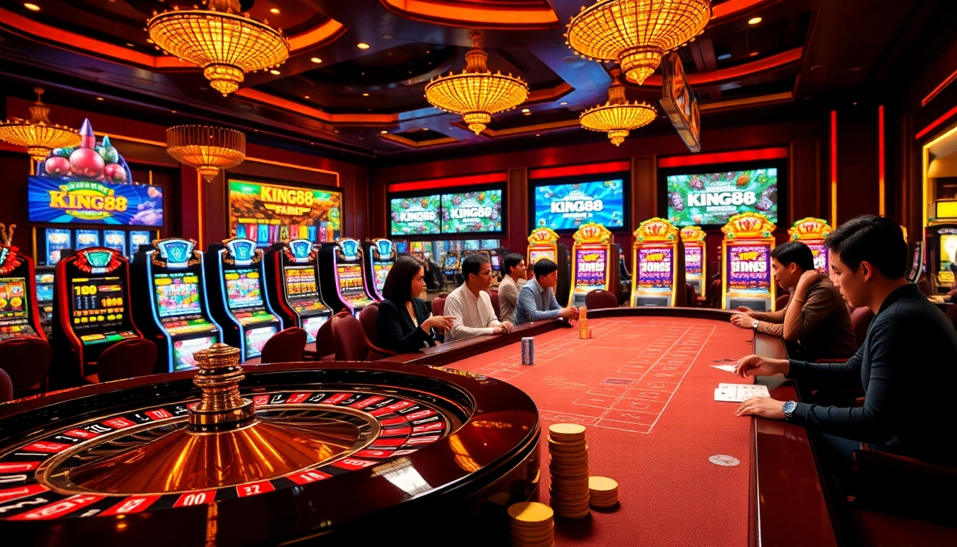 King88 gaming table in a lively casino scene with poker and roulette action.